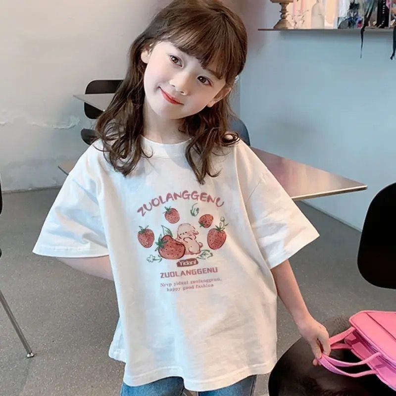 2025夏季新款女童短袖T恤夏装儿童洋气纯棉卡通印花中大童半袖T恤