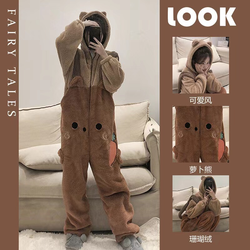 Autumn and Winter Coral Velvet Pajamas for Women, Cartoon Carrot Bear Couple Onesies, Pajamas, Casual Home Wear, Long Sleeves, Warm
