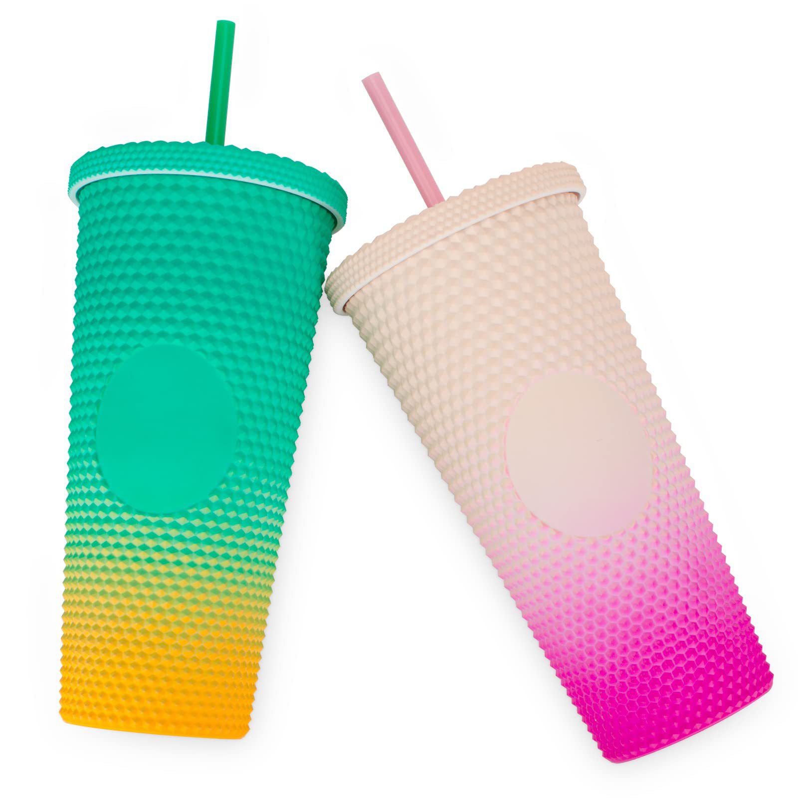 厂家直供跨境双层塑料吸管杯大容量创意710ml榴莲杯扎手杯钻石杯