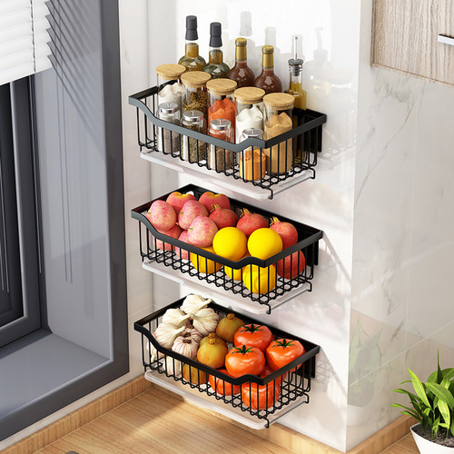 Wall-mounted kitchen shelf, spice rack, storage organizer, stainless steel no-drill hanging rack, vegetable rack, and fruit display stand