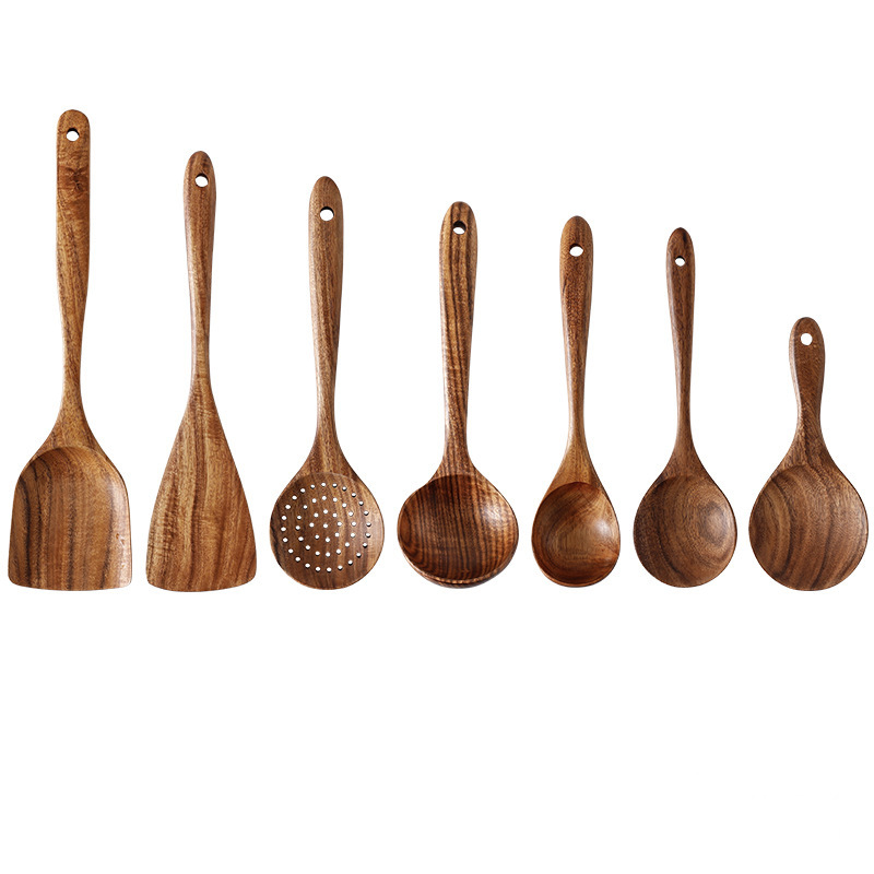 Set de madera de teca horquilla de madera sólida horquilla antiadherente horquilla de madera de acacia cocina utensilios de cocina de mango largo horquilla de verduras pala de cocina conjunto de varias piezas