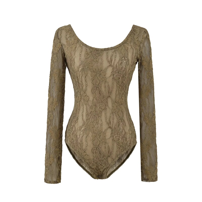Spring New Style Large U-Neck Long-Sleeve Lace Shirt with Mesh Embroidery and Crochet Floral One-Piece Bodysuit for Women