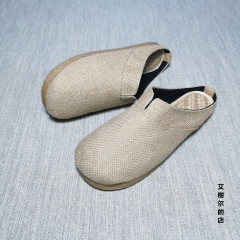 亞麻拖鞋女夏居家藤草編織包頭室內涼托鞋情侶拼色牛筋底半拖布拖