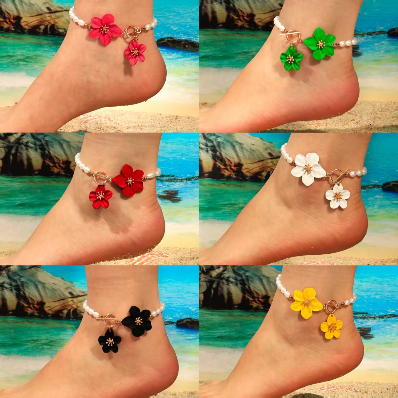 Comercio exterior transfronterizo nuevo estilo bohemio luz lujo perla elegante flor tobillera pintura en aerosol cadena de OT tridimensional tobillera