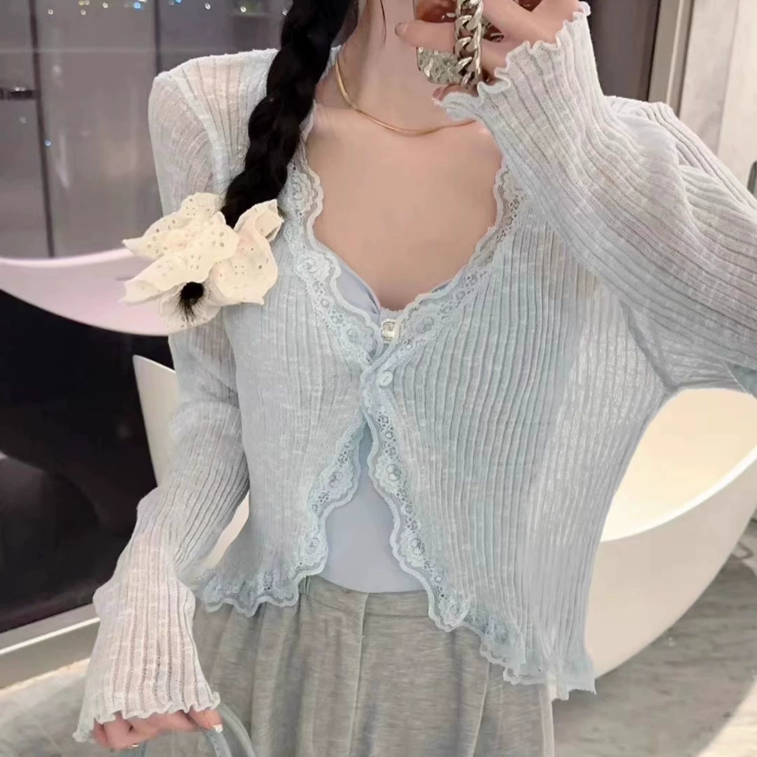 Knitted summer thin cardigan, cloak, V-neckline