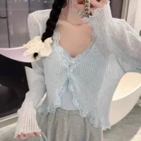 Knitted summer thin cardigan, cloak, V-neckline