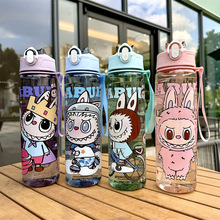 爆款卡通大容量旅游水杯便携提绳印花透明塑料吸管太空水杯随手杯