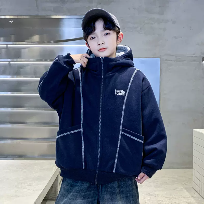 男童外套秋冬款2025新款中大童加绒加厚连帽针织上衣男孩冬季衣服