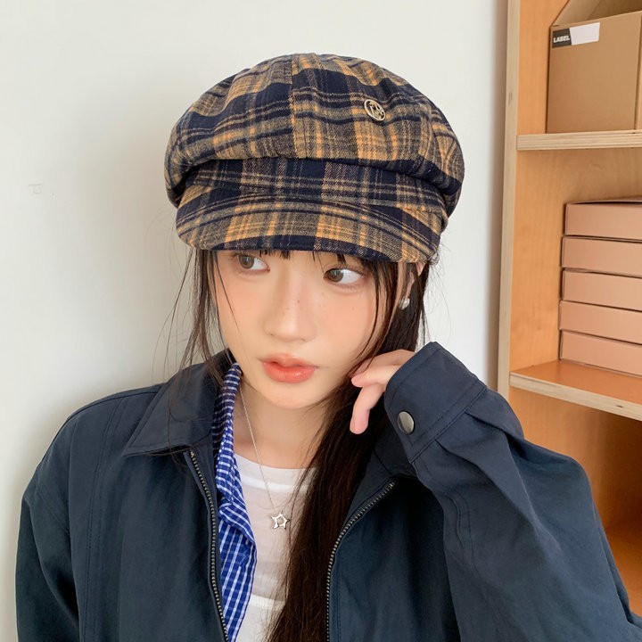 英伦风格子八角帽女秋冬季百搭格纹鸭舌贝雷帽日系休闲复古画家帽|undefined