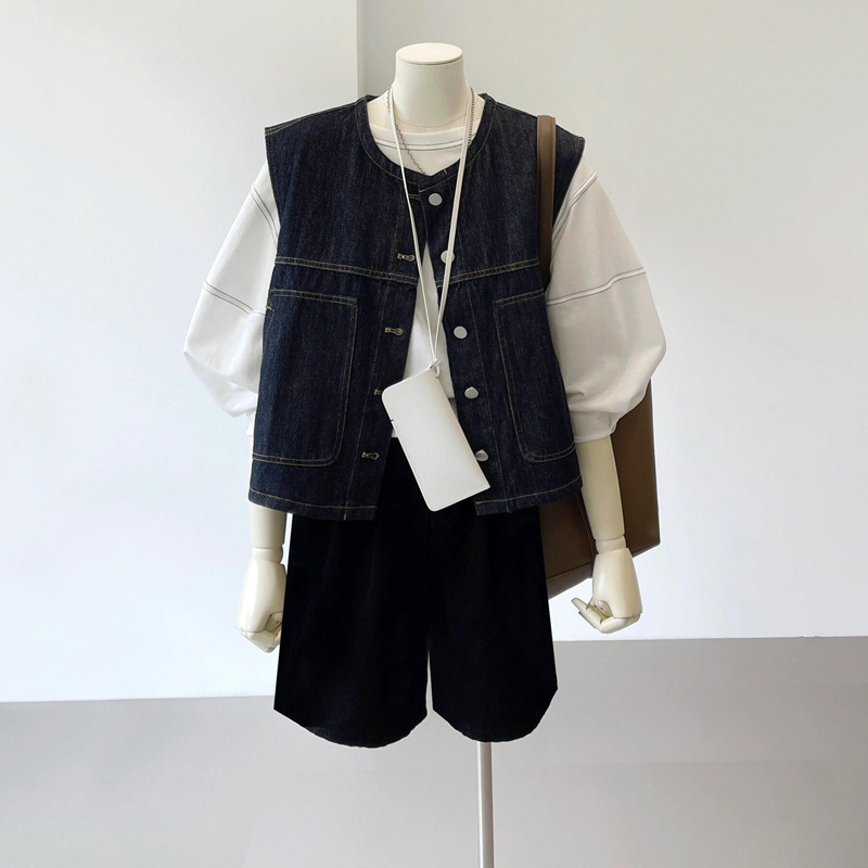 Vintage dark blue Denim Vest Women's Spring and Autumn Design Niche Fashionable Slimming All-match Waistcoat Short Jacket