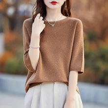 春夏慵懒金豆纱100纯毛短袖女士高端羊毛衫T恤洋气气质蝙蝠五分袖