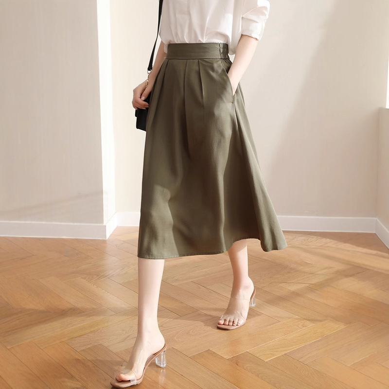 Tencel Skirt for Women 2026 Summer Fashion Elegant Feminine High-Quality Elastic Waist Slimming Solid Color A-Line Skirt
