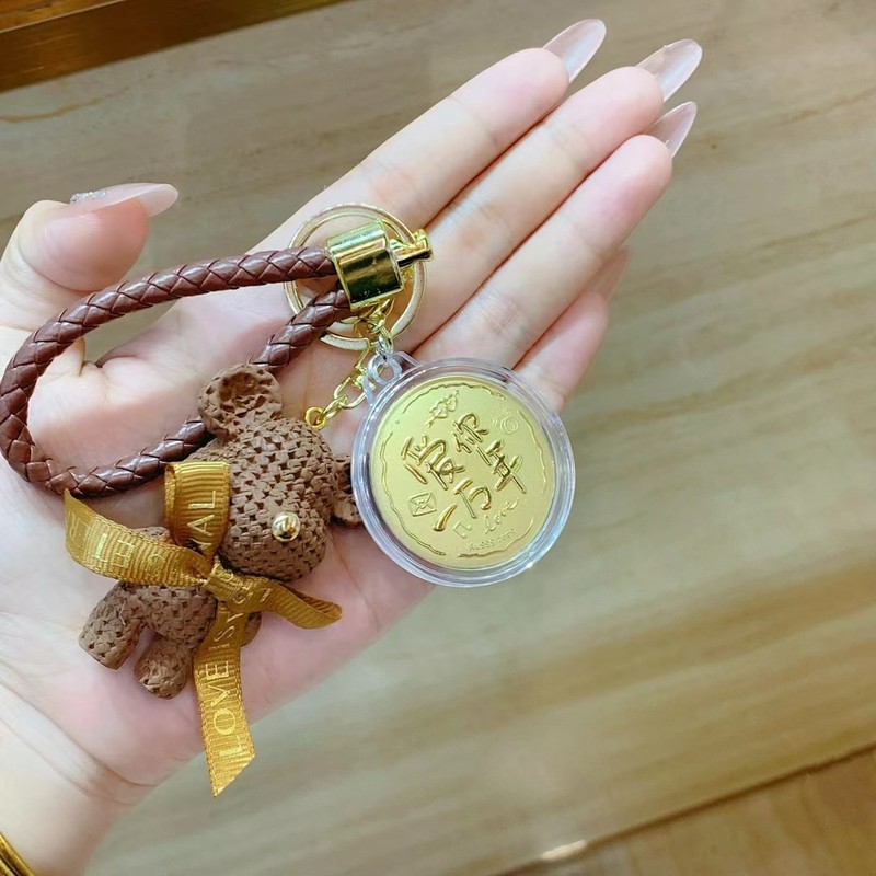 足金999黄金520小饼熊公仔钥匙扣挂件可爱情侣包包挂饰汽车钥匙链|undefined