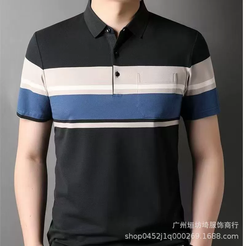 Летняя мужская поло из чистого хлопка среднего и пожилого возраста, полосатая футболка с короткими рукавами, брюки с карманами и лацканами, повседневная рубашка-поло для папы
