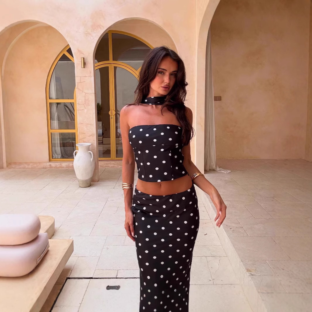 2025 Summer New European American Style Elegant Polka Dot Print Crop And Tank Top Two-Piece Set_ecoleips.com