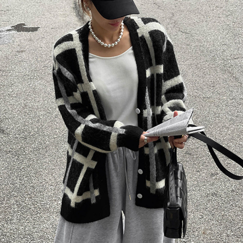 Fun Plaid Cardigan Knit Sweater