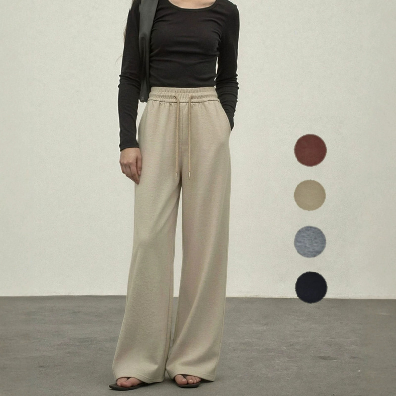 0372 Modal Air Layer Pocket Wide Straight-Leg Pants with Drawstring Elastic Waist, Versatile Solid Color Long Pants for Commuting 0372 Modal Air Layer Pocket Wide Straight-Leg Pants with Drawstring Elastic Waist, Versatile Solid Color Long Pants for Commuting