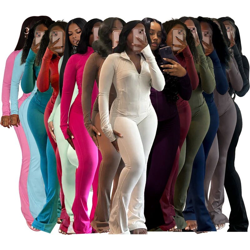 Hr24057 European and American Sports and Leisure Women's Clothing Cross-Border Supply Sexy Tight-Fitting Long-Sleeved Micro-Flared Two-Piece Set