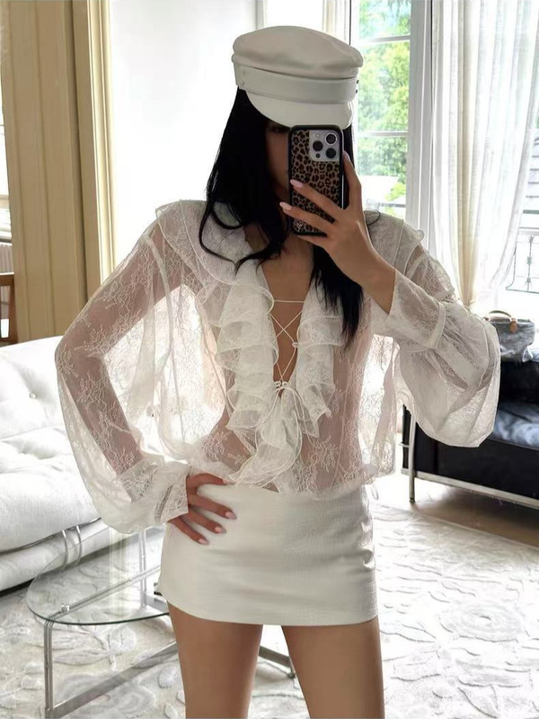 迷情法意 白色蕾丝上衣女夏薄款宽松长袖荷叶领系带衬衫+短裙|undefined
