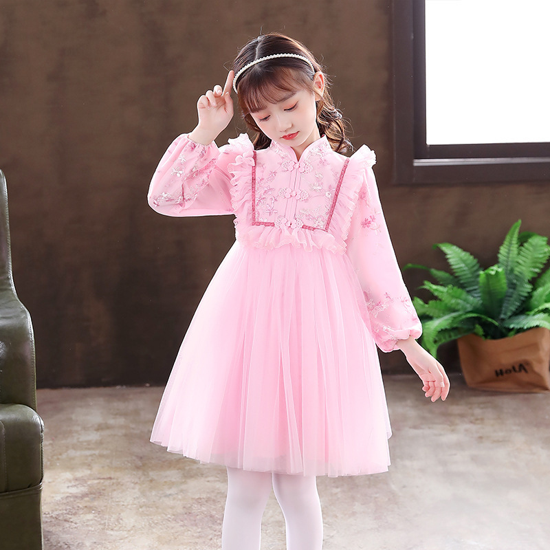Girls Pink blue lace chinese dress Qipao fluffy princess dress wedding  flower girls dress for kids Chinese style cheongsam birthday party host  dress