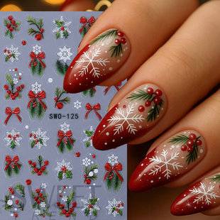 Cross-Border New Nail Art Stickers Wholesale Christmas 3D Embossed Bow Holly Branch Fruit Tree Nail Adhesive Decals