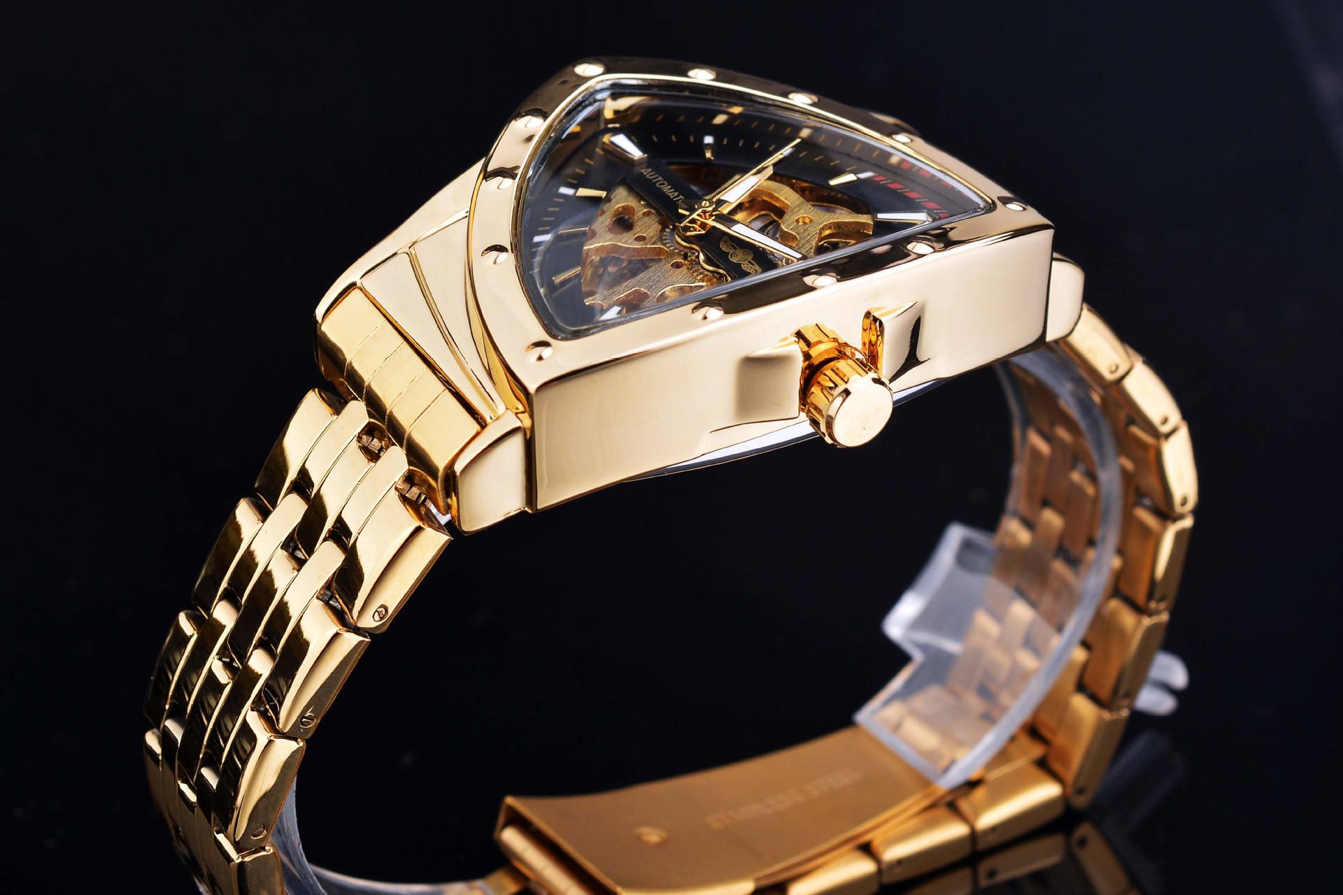 Men's Automatic Watch Triangular Dial Hollow Stainless Steel_voghion.com