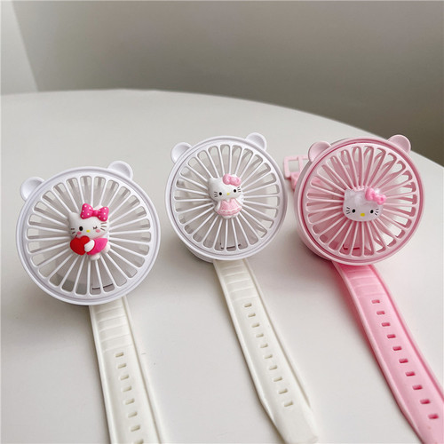  New Cute KT Cat Watch Fan USB Charging Mini Portable Handheld Small Fan Student Silent