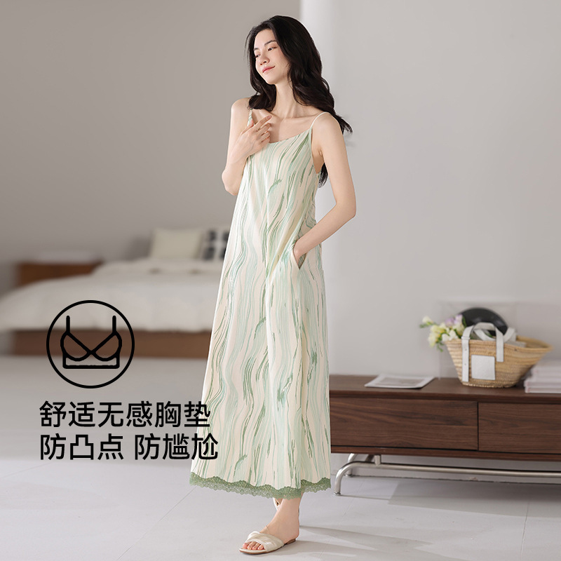 胸パッド付き女性用モーダルサスペンダーナイトガウン、夏用涼しい薄手のパジャマドレス、ゆったりとしたホームウェアとして着用できます。|undefined