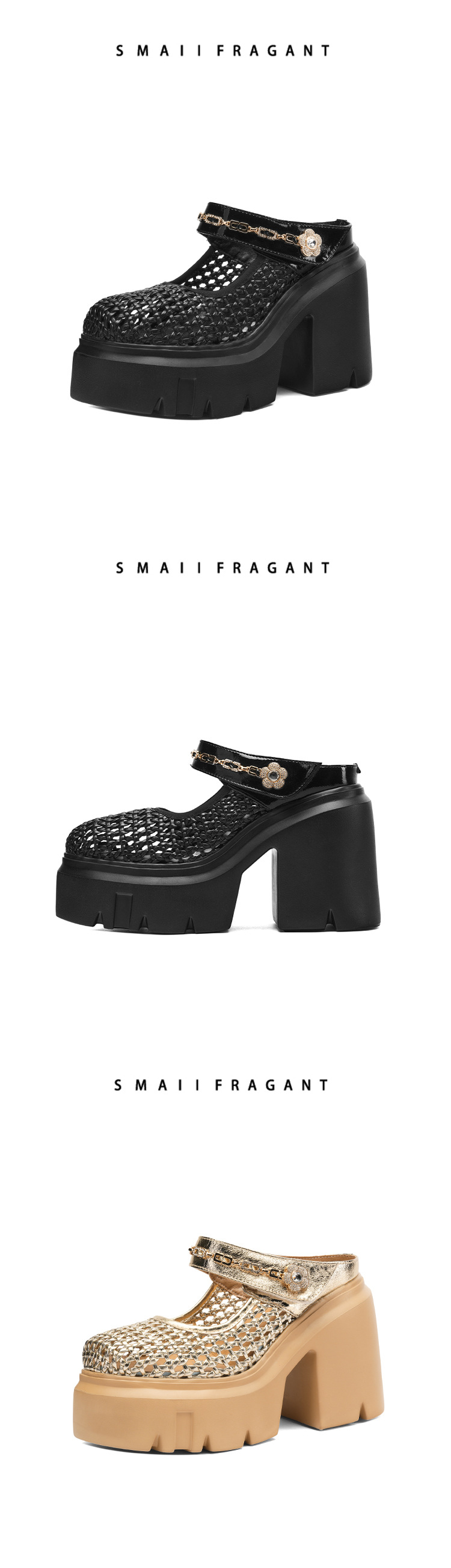 Sandal bít mũi đế dày 12cm tăng chiều cao, dệt lưới rỗng, dép lê cao gót Muller — Màu đen, Màu vàng nhạt, Màu trắng chi tiết 15