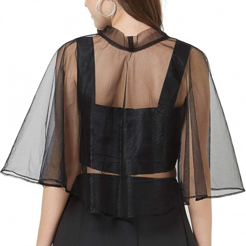 Cross-Border Foreign Trade Mesh Shawl Round Neck Lace Blouse European and American Bridal Wedding Dress Cape Saree Top for Women Cross-Border Foreign Trade Mesh Shawl Round Neck Lace Blouse European and American Bridal Wedding Dress Cape Saree Top for Women