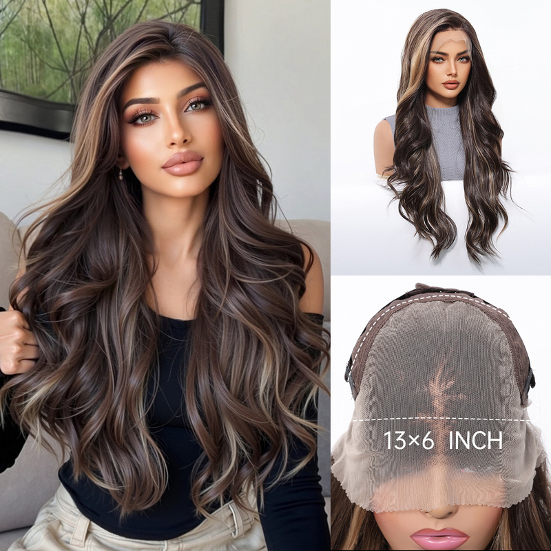 Cross-border hot sale 13X6 large area lace wig imported high temperature silk dark brown long curly hair realistic breathable headgear