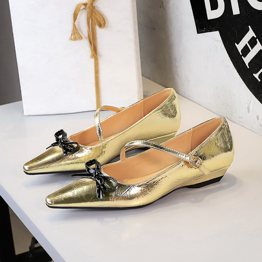 3683-2H81 European And American Style Pointed Toe Shallow Mouth One-Strap Women's With Bow Low Heel Comfortable Wedge_vogvips.com