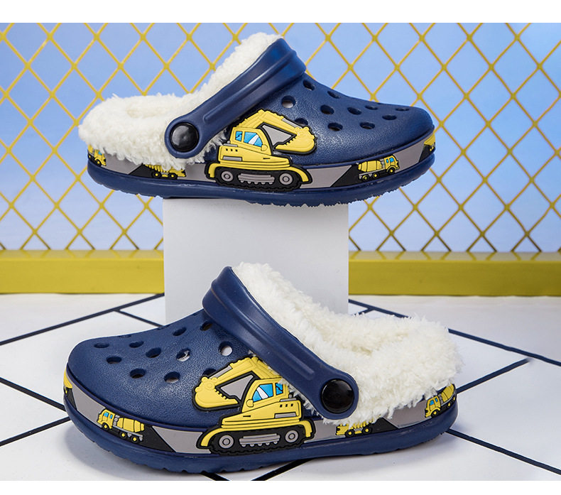 Giày clog trẻ em lót lông tháo rời họa tiết hoạt hình — —6 màu hồng, —6 màu đen, —6 xanh dương chi tiết 16