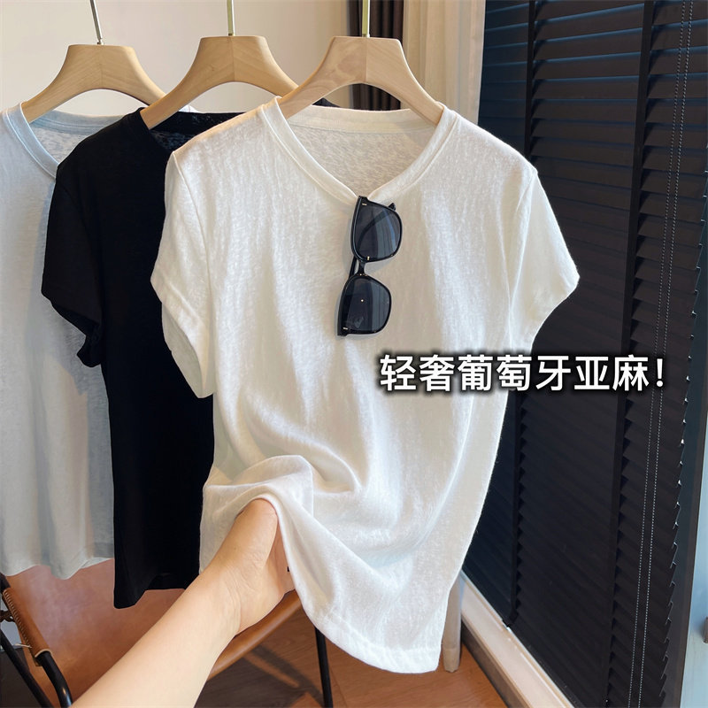 Portuguese Linen! High-End Textured Versatile Slimming Cool Solid Color Round Neck T-Shirt Short Sleeve Women's Summer 2026