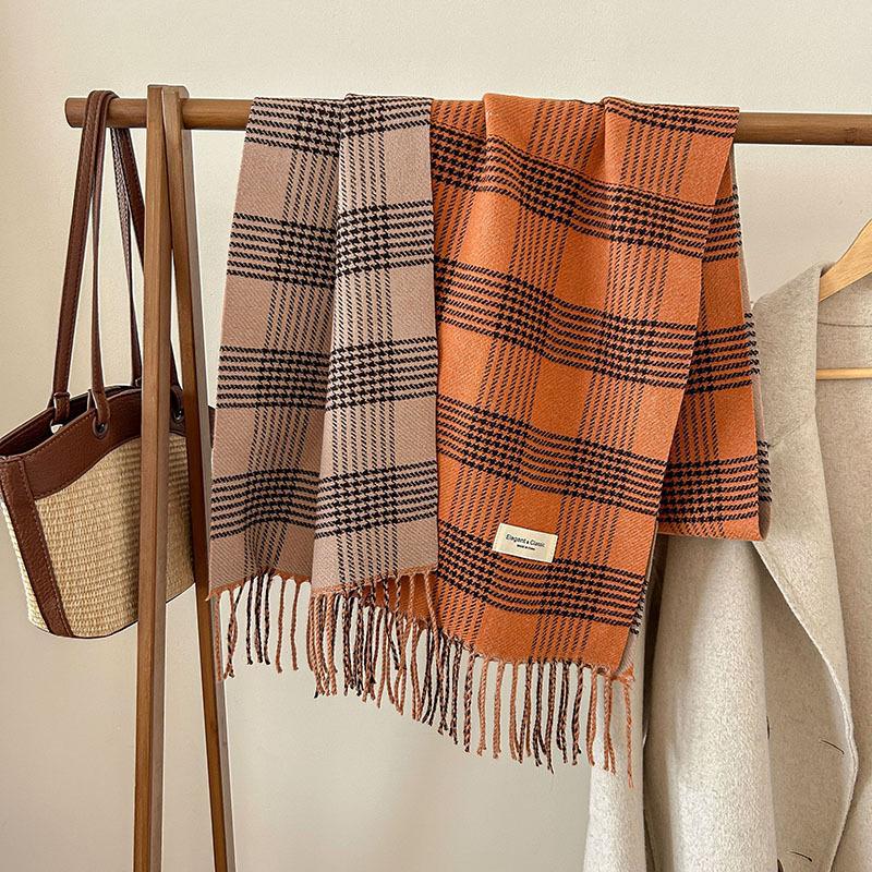 Autumn and Winter Classic I mitation Cashmere Line Grid Double sided Tassel Scarf Versatile Women's Sweet Korean Version_voghion.com