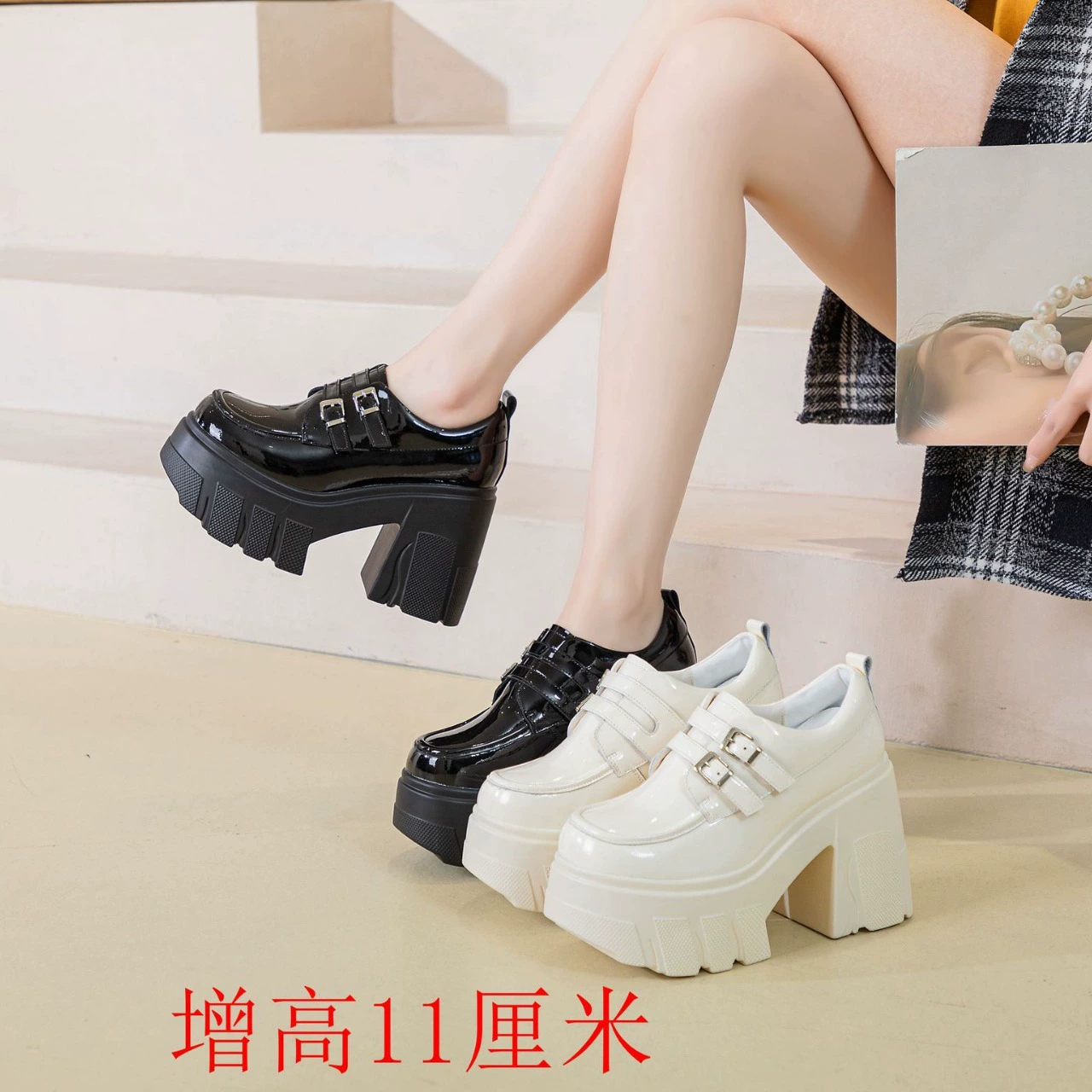 Увеличивая рост Маленькая женская повседневная обувь из натуральной кожи 11 см маленькие кожаные туфли на толстом высоком каблуке Весна-Осень Новинка