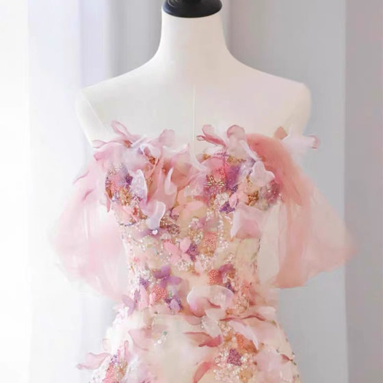 Pink Flower Evening Dress 2025 New Bridal Toasting Dress Light Luxury Niche High-end Art Test Host Dress