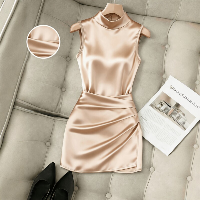 Satin Sleeveless High-neck Slim Dress for Women, New Spring/Summer Solid Color Bodycon Short Dress, Elegant and Fashionable Dress Satin Sleeveless High-neck Slim Dress for Women, New Spring/Summer Solid Color Bodycon Short Dress, Elegant and Fashionable Dress