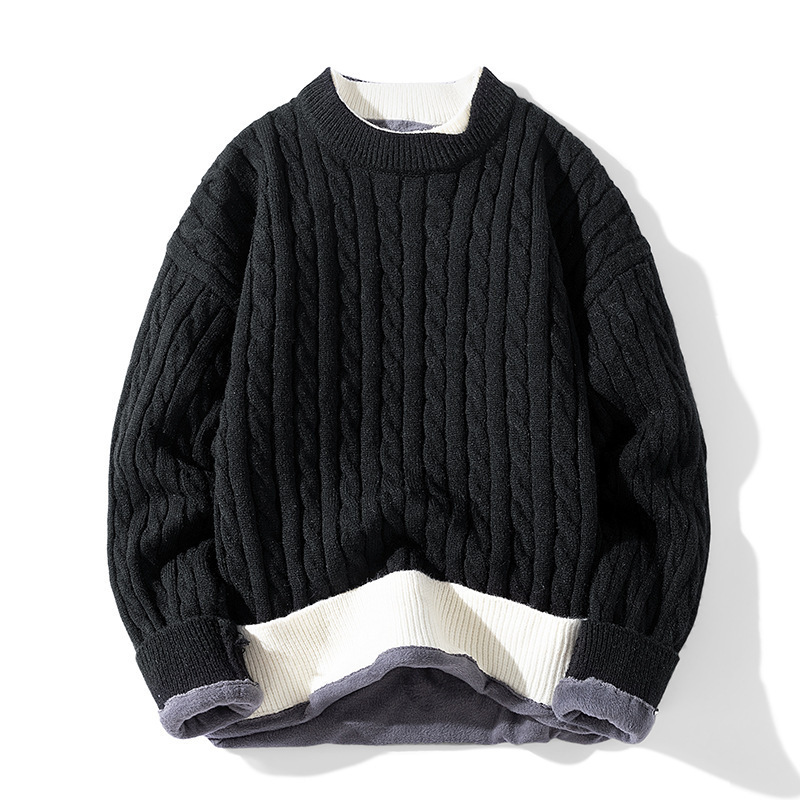 Al por mayor transfronterizo falso suéter de dos piezas para hombres más vello grueso calentamiento flor de lino grueso manga larga camiseta de punto ocio ancho