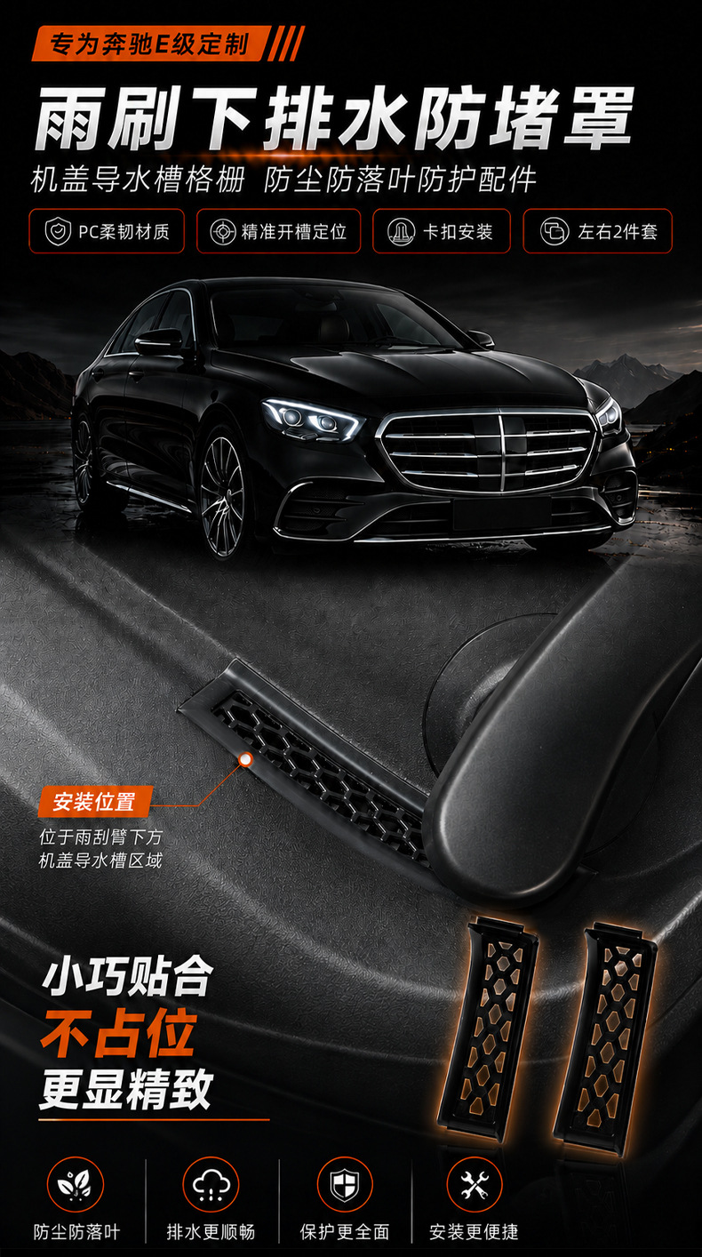 Suitable for 24 to 26 models of Mercedes E-Class, wiper lower drain outlet anti-blocking cover, engine compartment water guide slot cover, leaf protection
