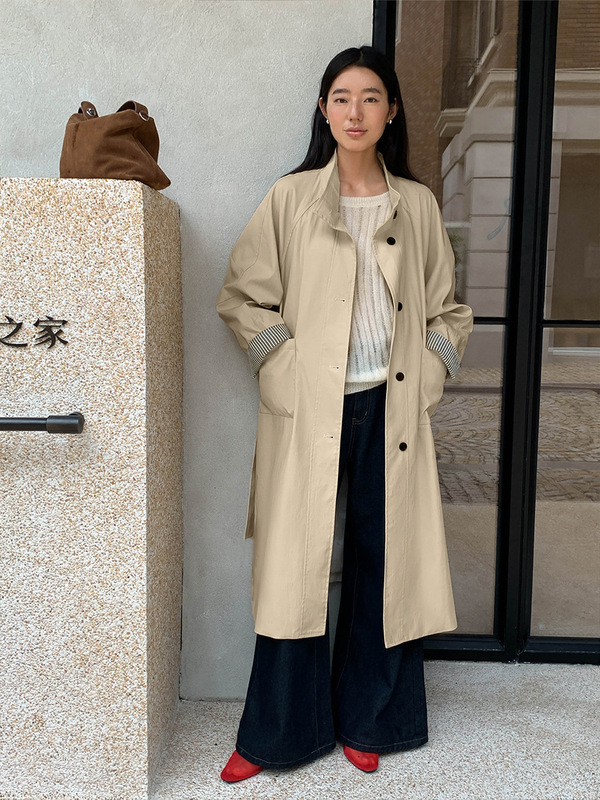 MOXI十三行2025秋季新款韩版立领撞条风衣外套女高级感长款风衣女|undefined