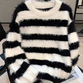 秋冬加厚水貂绒条纹毛衣男套头宽松圆领青少年运动潮牌学生针织衫