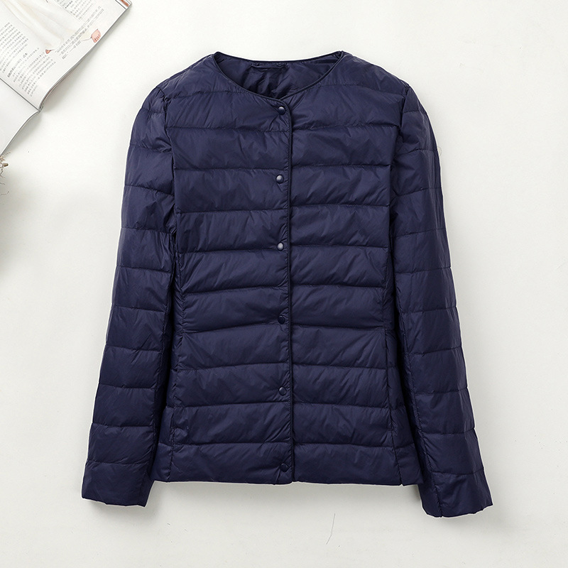 Chaqueta de plumón ligera transfronteriza para hombres y mujeres de otoño y invierno, chaqueta de abrigo caliente sin cuello, revestimiento de plumón ligero inferior se puede abrir