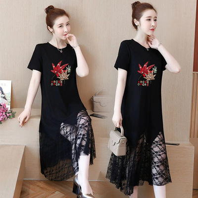 Rhinestone Dress 2021 new pattern Large Women's wear Korean Edition Easy Show thin Mid length version leisure time Short sleeved skirt