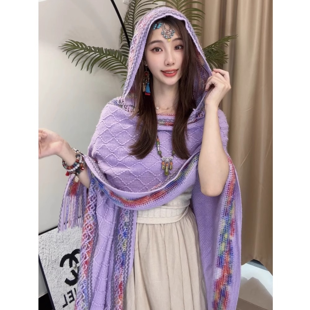 Nuevo chal de mujer, tiras de color, suéter de punto, foto de viaje, capa étnica de todo fósforo, capa de todo fósforo, viaje