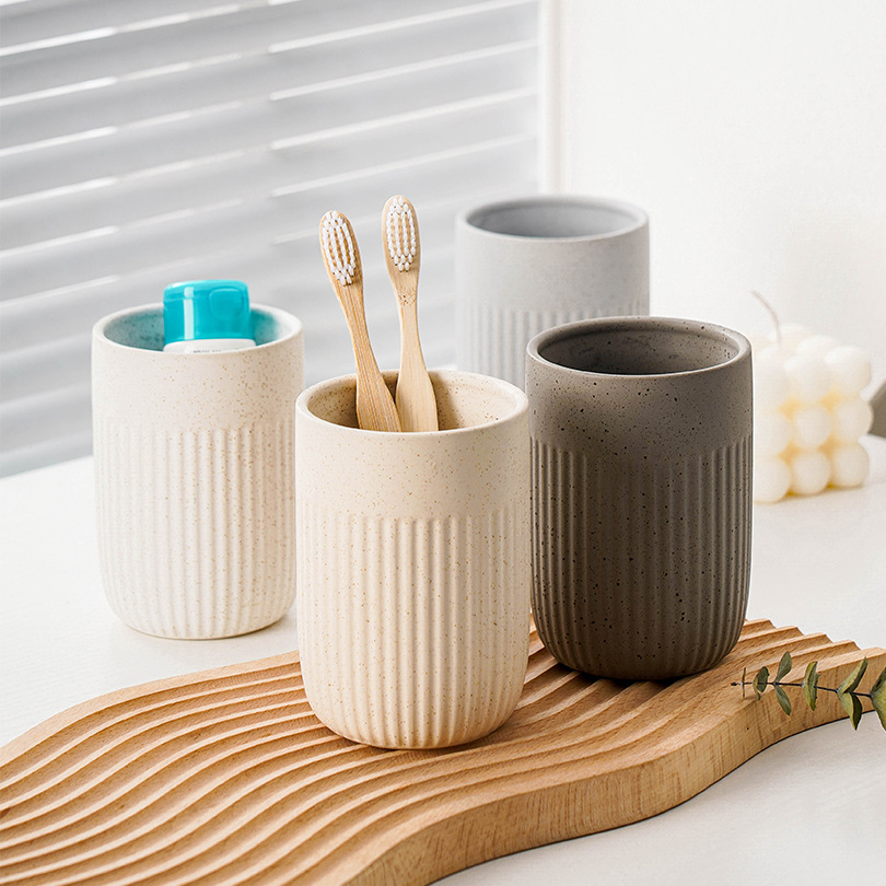 Modern Minimalist Ceramic Striped Vertical Pattern Couple's Toothbrush Mouthwash Cup, Bathroom Wash Cup_voghion.com
