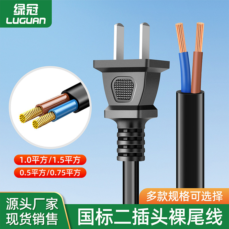 Two-plug bare tail power cord 2-core single-head cable desk lamp TV fan bare tail two flat plug wires