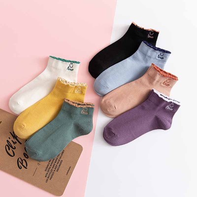 春夏新款  纯色笑脸花边百搭女袜子潮流短款低帮薄款船袜厂家批发|ru
