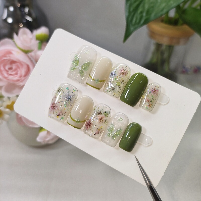 Xishiji Manicure Solid Color Handmade Simulated Dried Flower Wearable Nails Casual Wearable Nails