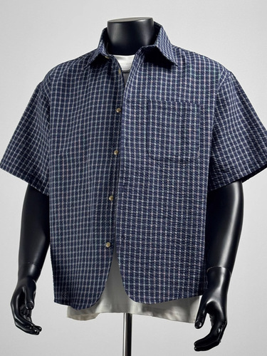 Japanese retro versatile plaid bubble fabric short-sleeve shirt for men and women, summer thin design-style grid
